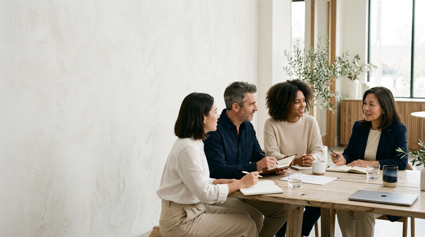 Quatre personnes en discussion autour d'une table de travail