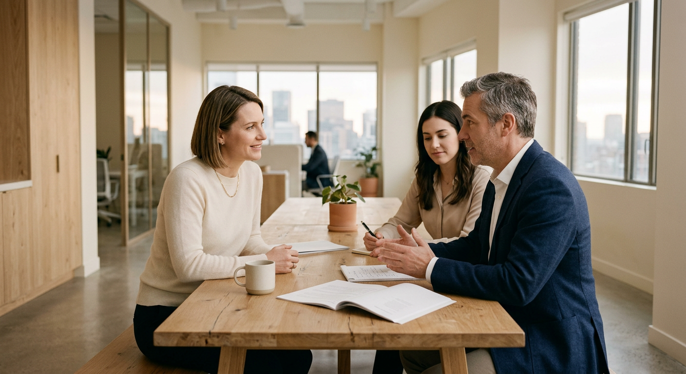 Rencontre de trois personnes autour d'une table de travail